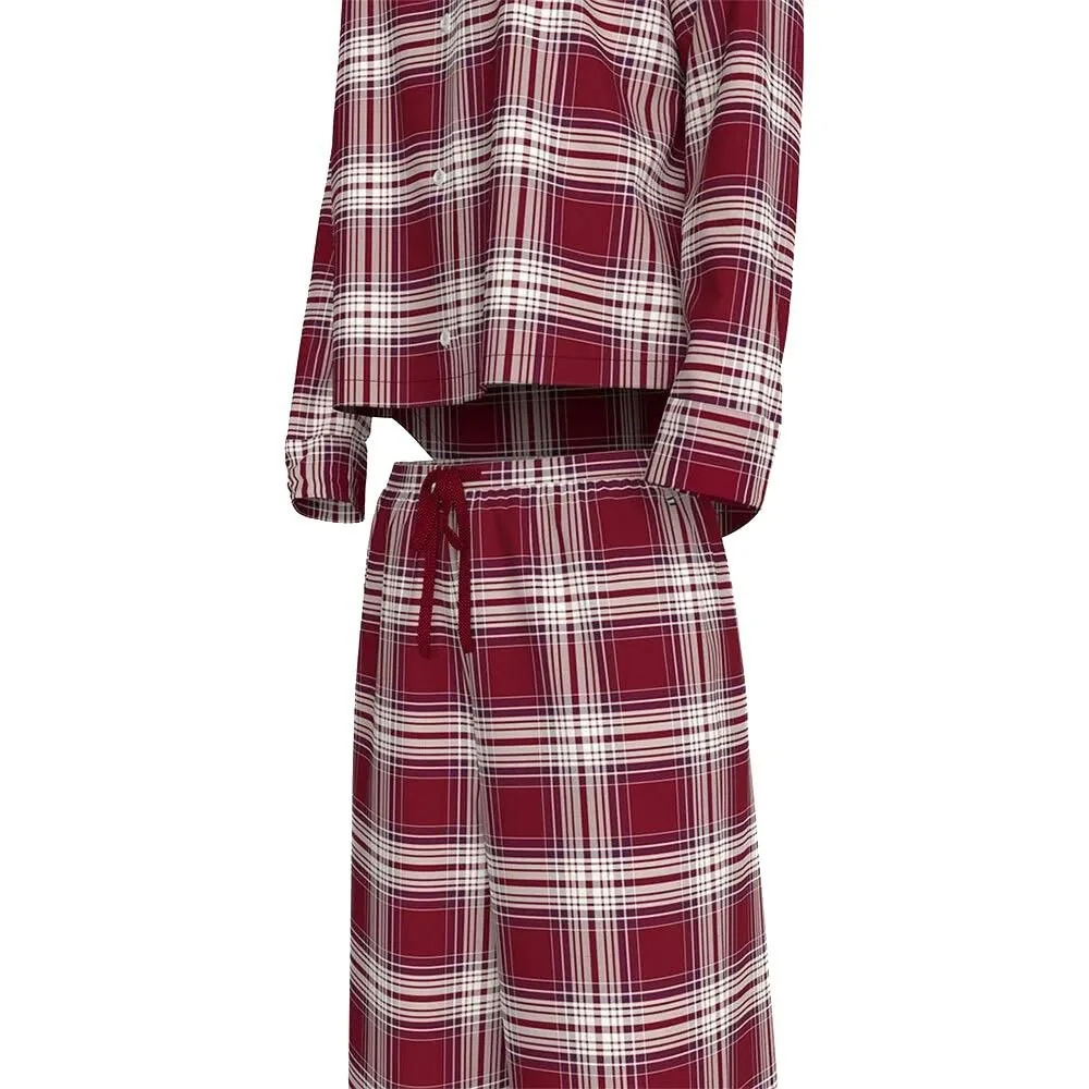 Women Plaid Check Flannel Pyjama Set, Deep Rouge - Image 9