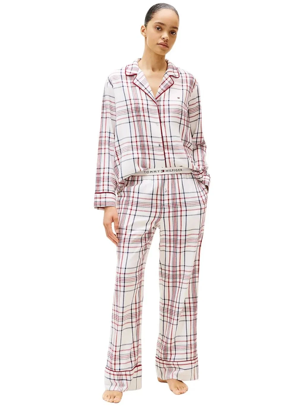 Women Plaid Check Flannel Pyjamas & Slippers Gift Set, Ivory Silk