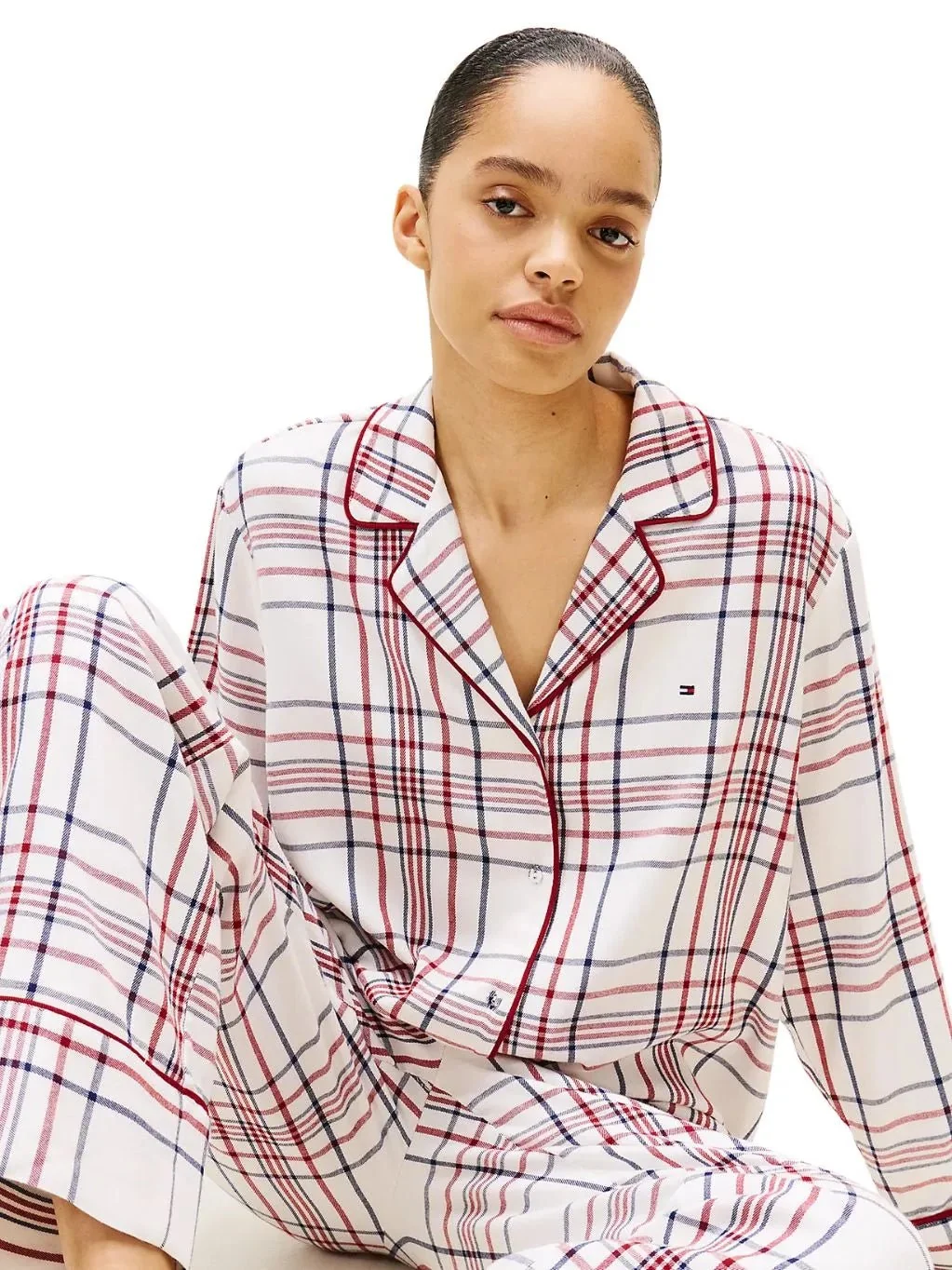 Women Plaid Check Flannel Pyjamas & Slippers Gift Set, Ivory Silk - Image 2