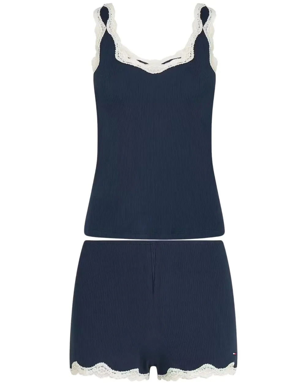 Women TH Lace Ribbed Camisole & Shorts Pyjama Set, Dark Night Navy