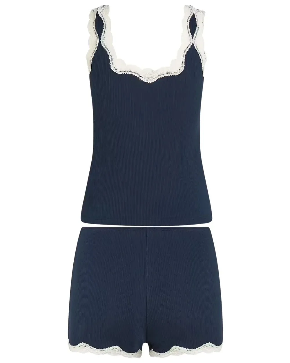 Women TH Lace Ribbed Camisole & Shorts Pyjama Set, Dark Night Navy - Image 3